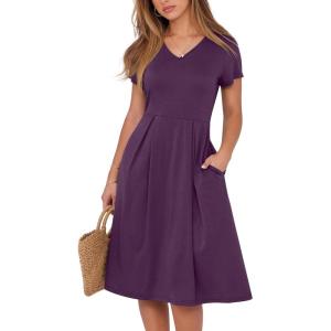 image:imageANRABESS Women Summer Dress Casual Short Sleeve V Neck ALine Knee Length Pleated Flowy 2026 Fashion Midi Dresses with PocketPurple
