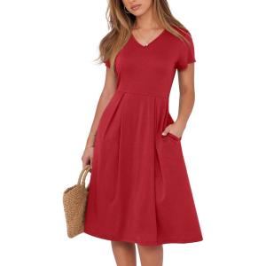 image:imageANRABESS Women Summer Dress Casual Short Sleeve V Neck ALine Knee Length Pleated Flowy 2026 Fashion Midi Dresses with PocketRed