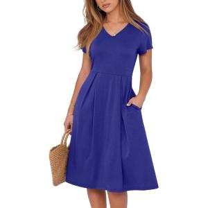 image:imageANRABESS Women Summer Dress Casual Short Sleeve V Neck ALine Knee Length Pleated Flowy 2026 Fashion Midi Dresses with PocketRoyal Blue