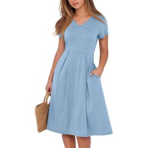 image:imageANRABESS Women Summer Dress Casual Short Sleeve V Neck ALine Knee Length Pleated Flowy 2026 Fashion Midi Dresses with PocketSky Blue
