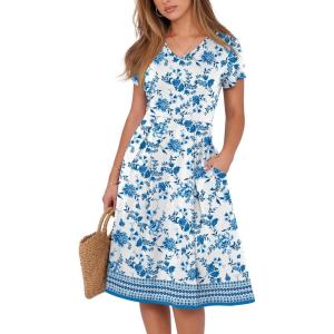 image:imageANRABESS Women Summer Dress Casual Short Sleeve V Neck ALine Knee Length Pleated Flowy 2026 Fashion Midi Dresses with PocketWhite Floral