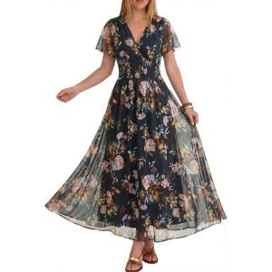image:imageANRABESS Women Summer Floral Maxi Dress Short Sleeve Boho Flowy Tulle Beach Vacation Wedding Guest 2026 Party Long DressesBlack Pink Floral