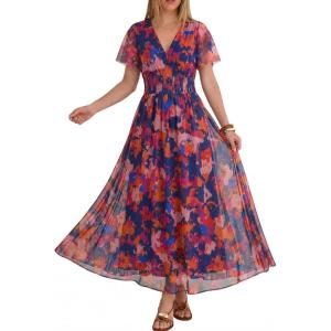 image:imageANRABESS Women Summer Floral Maxi Dress Short Sleeve Boho Flowy Tulle Beach Vacation Wedding Guest 2026 Party Long DressesBlue Orange Floral