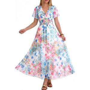 image:imageANRABESS Women Summer Floral Maxi Dress Short Sleeve Boho Flowy Tulle Beach Vacation Wedding Guest 2026 Party Long DressesBlue Pink Floral
