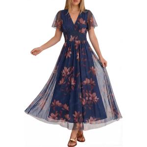 image:imageANRABESS Women Summer Floral Maxi Dress Short Sleeve Boho Flowy Tulle Beach Vacation Wedding Guest 2026 Party Long DressesBrown Floral Dark Blue
