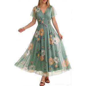 image:imageANRABESS Women Summer Floral Maxi Dress Short Sleeve Boho Flowy Tulle Beach Vacation Wedding Guest 2026 Party Long DressesDusty Olive Floral