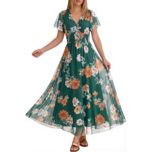 image:imageANRABESS Women Summer Floral Maxi Dress Short Sleeve Boho Flowy Tulle Beach Vacation Wedding Guest 2026 Party Long DressesEmerald Green Floral