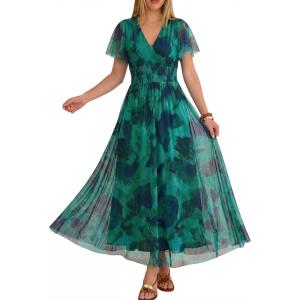 image:imageANRABESS Women Summer Floral Maxi Dress Short Sleeve Boho Flowy Tulle Beach Vacation Wedding Guest 2026 Party Long DressesGreen Blue Floral