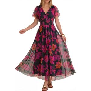 image:imageANRABESS Women Summer Floral Maxi Dress Short Sleeve Boho Flowy Tulle Beach Vacation Wedding Guest 2026 Party Long DressesHot Pink Floral