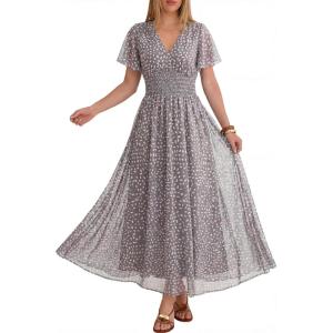 image:imageANRABESS Women Summer Floral Maxi Dress Short Sleeve Boho Flowy Tulle Beach Vacation Wedding Guest 2026 Party Long DressesKhaki Polka Dot Gray