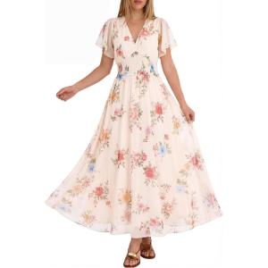 image:imageANRABESS Women Summer Floral Maxi Dress Short Sleeve Boho Flowy Tulle Beach Vacation Wedding Guest 2026 Party Long DressesMulticolored Rose Apricot