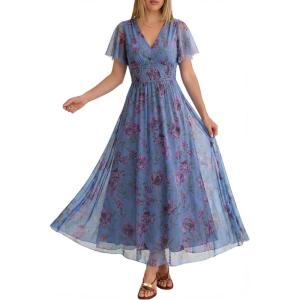 image:imageANRABESS Women Summer Floral Maxi Dress Short Sleeve Boho Flowy Tulle Beach Vacation Wedding Guest 2026 Party Long DressesPurple Floral Blue
