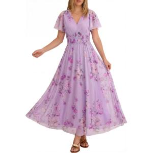image:imageANRABESS Women Summer Floral Maxi Dress Short Sleeve Boho Flowy Tulle Beach Vacation Wedding Guest 2026 Party Long DressesPurple Rose