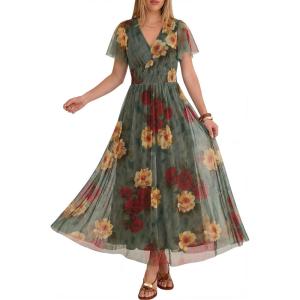 image:imageANRABESS Women Summer Floral Maxi Dress Short Sleeve Boho Flowy Tulle Beach Vacation Wedding Guest 2026 Party Long DressesRed and Yellow Rose
