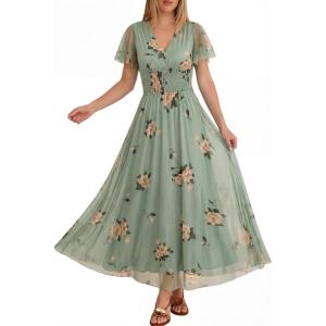 image:imageANRABESS Women Summer Floral Maxi Dress Short Sleeve Boho Flowy Tulle Beach Vacation Wedding Guest 2026 Party Long DressesYellow Floral Green