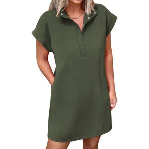 image:imageANRABESS Women Summer Shirt Dress Casual Short Sleeve Henley Neck Mini Shift Tunic Dresses 2026 Beach Vacation Cruise ClothesArmy Green