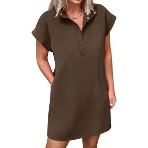 image:imageANRABESS Women Summer Shirt Dress Casual Short Sleeve Henley Neck Mini Shift Tunic Dresses 2026 Beach Vacation Cruise ClothesBrown