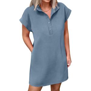 image:imageANRABESS Women Summer Shirt Dress Casual Short Sleeve Henley Neck Mini Shift Tunic Dresses 2026 Beach Vacation Cruise ClothesGrey Blue