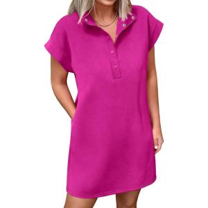 image:imageANRABESS Women Summer Shirt Dress Casual Short Sleeve Henley Neck Mini Shift Tunic Dresses 2026 Beach Vacation Cruise ClothesHot Pink