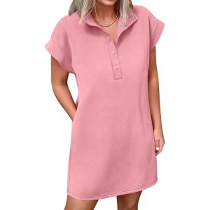 image:imageANRABESS Women Summer Shirt Dress Casual Short Sleeve Henley Neck Mini Shift Tunic Dresses 2026 Beach Vacation Cruise ClothesPink