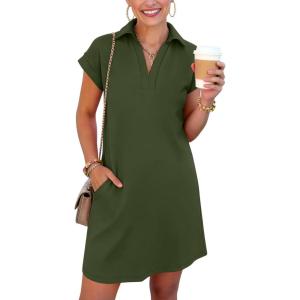 image:imageANRABESS Womens 2026 Summer Collared V Neck Tshirt Dress Casual Cap Sleeve Spring Mini Vacation Dresses with PocketsArmy Green