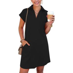 image:imageANRABESS Womens 2026 Summer Collared V Neck Tshirt Dress Casual Cap Sleeve Spring Mini Vacation Dresses with PocketsBlack