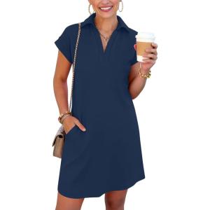 image:imageANRABESS Womens 2026 Summer Collared V Neck Tshirt Dress Casual Cap Sleeve Spring Mini Vacation Dresses with PocketsNavy Blue