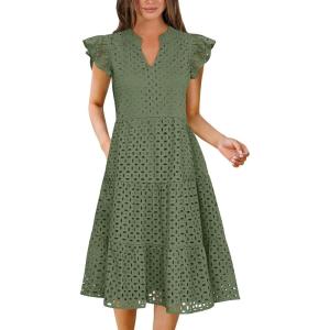 image:imageANRABESS Womens 2026 Summer Midi Dress Hollow Out Eyelet Ruffle Sleeve V Neck Casual Flowy Tiered Beach Vacation SundressArmy Green