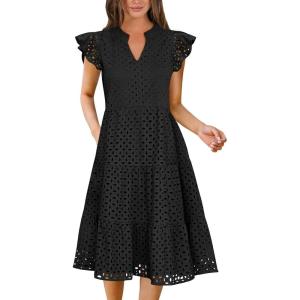 image:imageANRABESS Womens 2026 Summer Midi Dress Hollow Out Eyelet Ruffle Sleeve V Neck Casual Flowy Tiered Beach Vacation SundressBlack