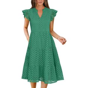 image:imageANRABESS Womens 2026 Summer Midi Dress Hollow Out Eyelet Ruffle Sleeve V Neck Casual Flowy Tiered Beach Vacation SundressDark Green
