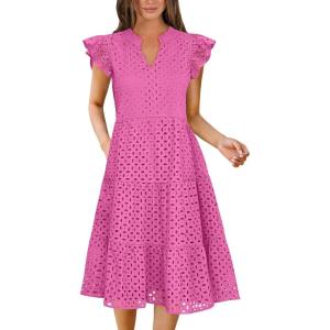 image:imageANRABESS Womens 2026 Summer Midi Dress Hollow Out Eyelet Ruffle Sleeve V Neck Casual Flowy Tiered Beach Vacation SundressHot Pink