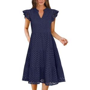 image:imageANRABESS Womens 2026 Summer Midi Dress Hollow Out Eyelet Ruffle Sleeve V Neck Casual Flowy Tiered Beach Vacation SundressNavy Blue