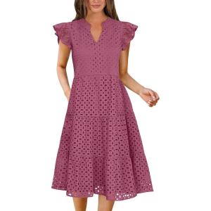 image:imageANRABESS Womens 2026 Summer Midi Dress Hollow Out Eyelet Ruffle Sleeve V Neck Casual Flowy Tiered Beach Vacation SundressWine Red