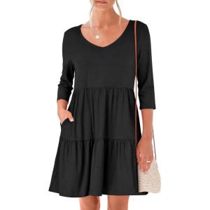 image:imageANRABESS Womens 34 Sleeve Mini Dresses Summer Casual V Neck Flowy Tiered Floral Boho Aline 2026 Beach Vacation Short DressBlack