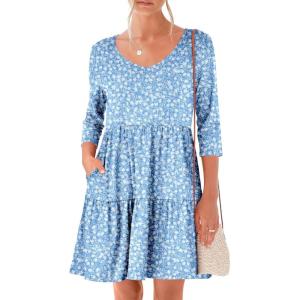 image:imageANRABESS Womens 34 Sleeve Mini Dresses Summer Casual V Neck Flowy Tiered Floral Boho Aline 2026 Beach Vacation Short DressFloral Blue White