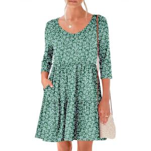 image:imageANRABESS Womens 34 Sleeve Mini Dresses Summer Casual V Neck Flowy Tiered Floral Boho Aline 2026 Beach Vacation Short DressFloral Green