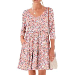 image:imageANRABESS Womens 34 Sleeve Mini Dresses Summer Casual V Neck Flowy Tiered Floral Boho Aline 2026 Beach Vacation Short DressFloral Pink