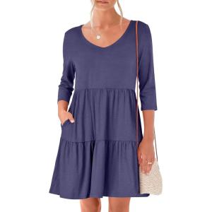 image:imageANRABESS Womens 34 Sleeve Mini Dresses Summer Casual V Neck Flowy Tiered Floral Boho Aline 2026 Beach Vacation Short DressNavy Blue