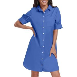 image:imageANRABESS Womens Button Down Shirt Dress Summer Short Sleeve Business Casual Shift Dresses with Pockets 2026 TrendyDeep Blue