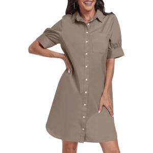 image:imageANRABESS Womens Button Down Shirt Dress Summer Short Sleeve Business Casual Shift Dresses with Pockets 2026 TrendyDeep Khaki