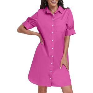 image:imageANRABESS Womens Button Down Shirt Dress Summer Short Sleeve Business Casual Shift Dresses with Pockets 2026 TrendyHot Pink