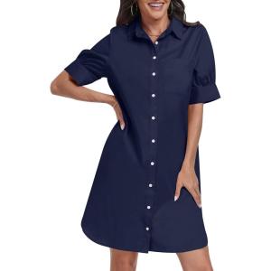 image:imageANRABESS Womens Button Down Shirt Dress Summer Short Sleeve Business Casual Shift Dresses with Pockets 2026 TrendyNavy Blue