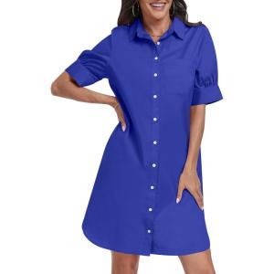 image:imageANRABESS Womens Button Down Shirt Dress Summer Short Sleeve Business Casual Shift Dresses with Pockets 2026 TrendyRoyal Blue
