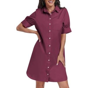 image:imageANRABESS Womens Button Down Shirt Dress Summer Short Sleeve Business Casual Shift Dresses with Pockets 2026 TrendyWine Red