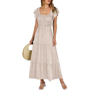 image:imageANRABESS Womens Casual Summer Maxi Dress Flutter Short Sleeve Scoop Neck Smocked A Line Flowy Beach Vacation Long DressesBeige Floral