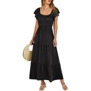 image:imageANRABESS Womens Casual Summer Maxi Dress Flutter Short Sleeve Scoop Neck Smocked A Line Flowy Beach Vacation Long DressesBlack