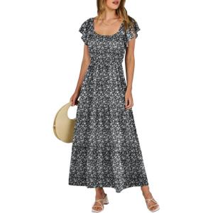 image:imageANRABESS Womens Casual Summer Maxi Dress Flutter Short Sleeve Scoop Neck Smocked A Line Flowy Beach Vacation Long DressesBlack Floral