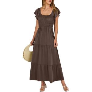 image:imageANRABESS Womens Casual Summer Maxi Dress Flutter Short Sleeve Scoop Neck Smocked A Line Flowy Beach Vacation Long DressesCoffee