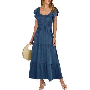 image:imageANRABESS Womens Casual Summer Maxi Dress Flutter Short Sleeve Scoop Neck Smocked A Line Flowy Beach Vacation Long DressesDeep Blue
