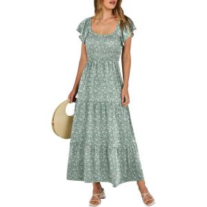 image:imageANRABESS Womens Casual Summer Maxi Dress Flutter Short Sleeve Scoop Neck Smocked A Line Flowy Beach Vacation Long DressesGreen Floral